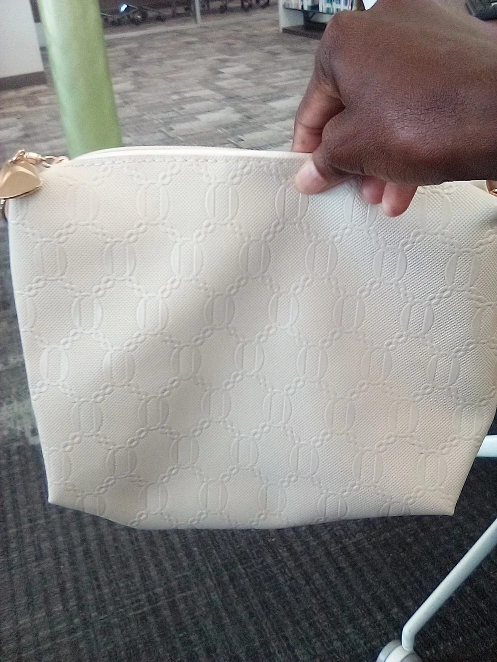 Textured Cream Cosmetic Pouch with Gold Zip Accent
